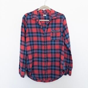 Hollister Womens Button Down Shirt Sz L Red Blue Plaid Flannel Grunge Y2K Indie